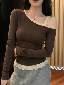 DAZY Women's Contrast Color Lace Trim Asymmetric Neck T-Shirt - Coffee Brown - View 10