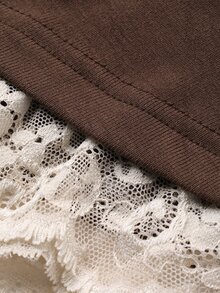 DAZY Women's Contrast Color Lace Trim Asymmetric Neck T-Shirt - Coffee Brown - View 8