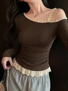 DAZY Women's Contrast Color Lace Trim Asymmetric Neck T-Shirt - Coffee Brown - View 2