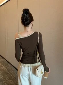 DAZY Women's Contrast Color Lace Trim Asymmetric Neck T-Shirt - Coffee Brown - View 6