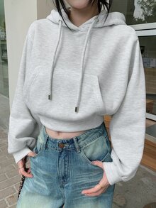 DAZY 女款休閒純色連帽短版抓絨衛衣，秋季連帽衫 - 米色 - 查看 6