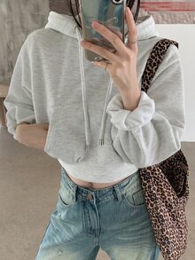 DAZY 女款休閒純色連帽短版抓絨衛衣，秋季連帽衫 - 米色 - 查看 7