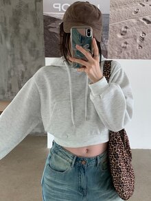 DAZY 女款休閒純色連帽短版抓絨衛衣，秋季連帽衫 - 米色 - 查看 4