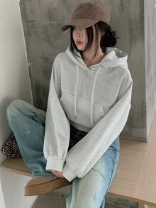 DAZY 女款休閒純色連帽短版抓絨衛衣，秋季連帽衫 - 米色 - 查看 9