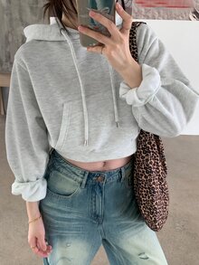 DAZY 女款休閒純色連帽短版抓絨衛衣，秋季連帽衫 - 米色 - 查看 5
