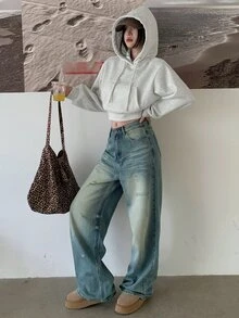 DAZY 女款休閒純色連帽短版抓絨衛衣，秋季連帽衫 - 米色 - 查看 8