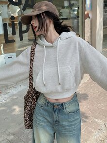 DAZY 女款休閒純色連帽短版抓絨衛衣，秋季連帽衫 - 米色 - 查看 10