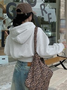 DAZY 女款休閒純色連帽短版抓絨衛衣，秋季連帽衫 - 米色 - 查看 2