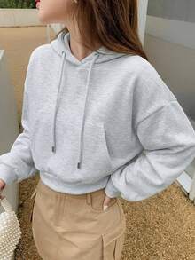 DAZY 女款休閒純色連帽短版抓絨衛衣，秋季連帽衫 - 米色 - 查看 12