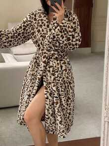 Dazy Plus Thermal Lined Thick Leopard Print Flannel Mid-Length Lapel Collar Autumn/Winter Loungewear Robe - Khaki - View 6