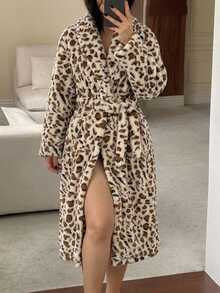 Dazy Plus Thermal Lined Thick Leopard Print Flannel Mid-Length Lapel Collar Autumn/Winter Loungewear Robe - Khaki - View 5