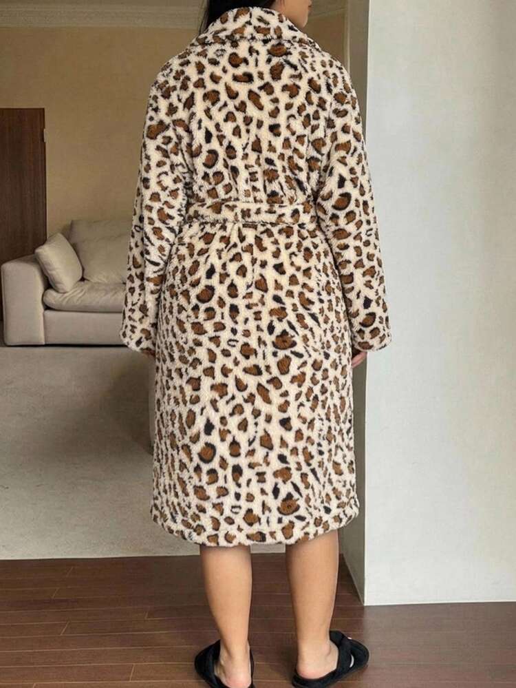 Dazy Plus Thermal Lined Thick Leopard Print Flannel Mid-Length Lapel Collar Autumn/Winter Loungewear Robe - Khaki - View 3