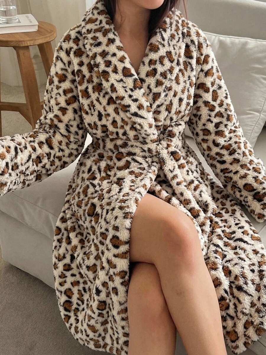 Dazy Plus Thermal Lined Thick Leopard Print Flannel Mid-Length Lapel Collar Autumn/Winter Loungewear Robe - Khaki - View 1