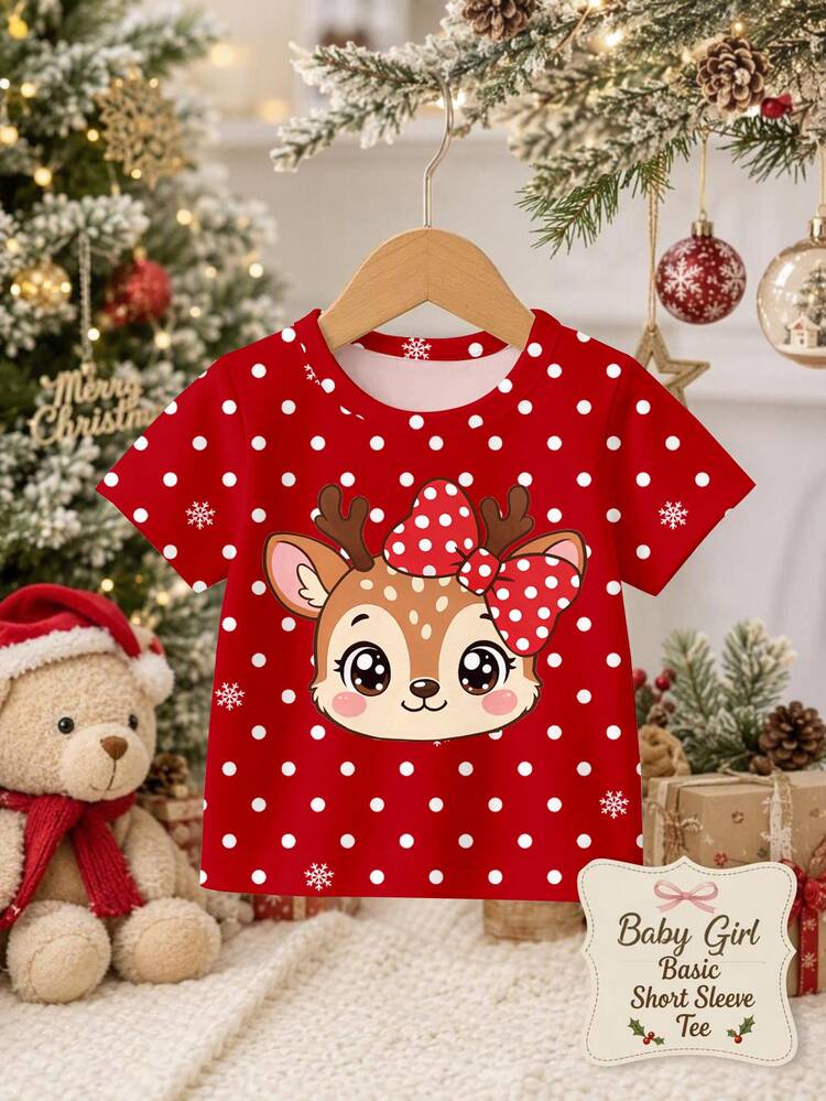 Young Girl Super Cute Sweet Girl Cartoon Polka Dot Snowflake Reindeer Deer Pattern Print Casual Minimalist Short Sleeve T-Shirt New Style Suitable For Autumn/Winter Daily, Indoor, Christmas Outfit, Warm Winter, Christmas Gift - Multicolor - View 7