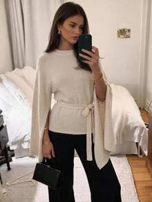 Aloruh Light Khaki Women's Long Sleeve Knotted Waist Casual Sweater - Khaki - View 1