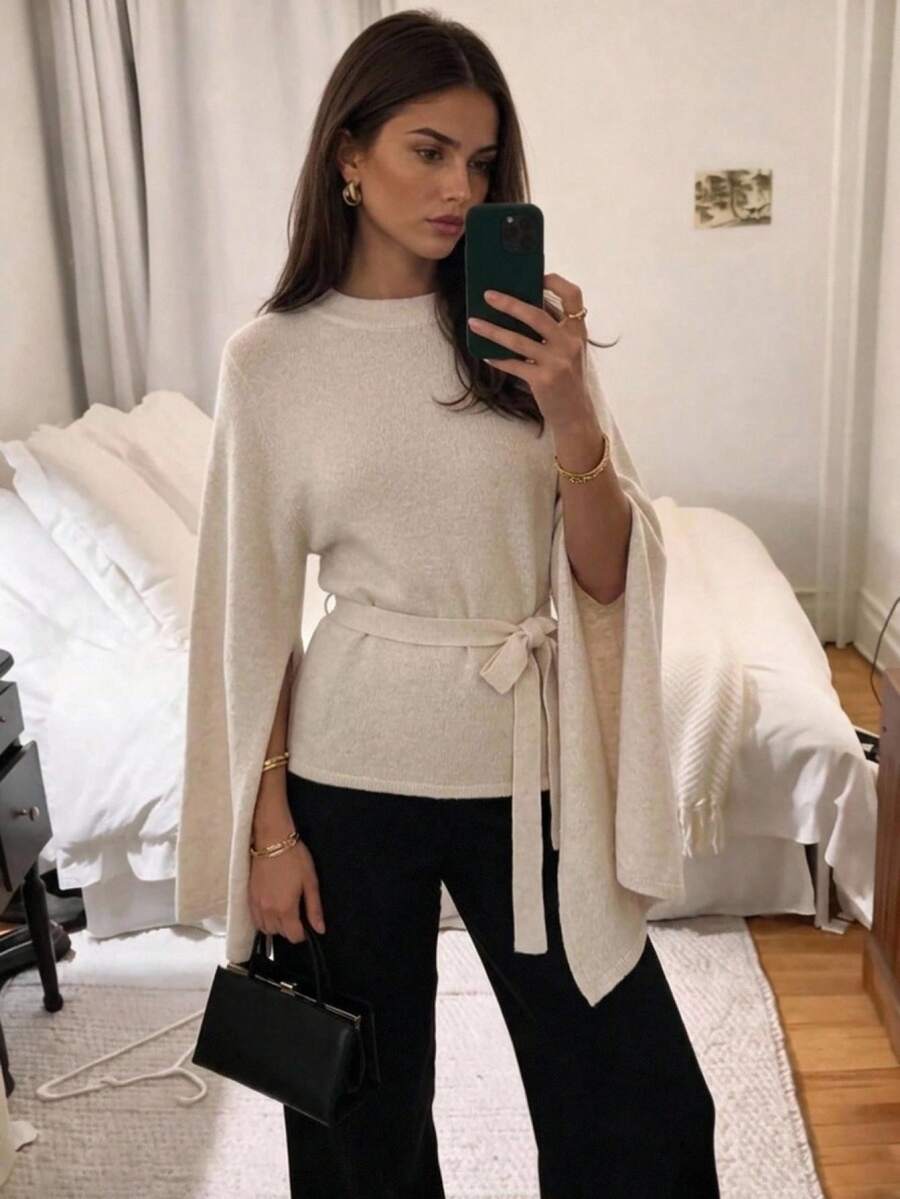Aloruh Light Khaki Women's Long Sleeve Knotted Waist Casual Sweater - Khaki - View 1