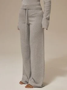 MUSERA ESSENTIALS Marl Grey Self-Tie Drawstring Ribbed Elastic Waistband Wide Leg Full Length Knitwear Trousers Basics Loungewear Casual Everyday Essentials Fall Autumn - Light Grey - View 3