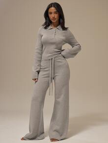 MUSERA ESSENTIALS Marl Grey Self-Tie Drawstring Ribbed Elastic Waistband Wide Leg Full Length Knitwear Trousers Basics Loungewear Casual Everyday Essentials Fall Autumn - Light Grey - View 1