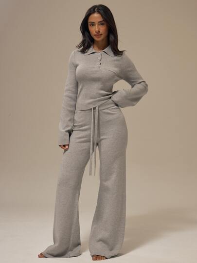 MUSERA ESSENTIALS Marl Grey Self-Tie Drawstring Ribbed Elastic Waistband Wide Leg Full Length Knitwear Trousers Basics Loungewear Casual Everyday Essentials Fall Autumn