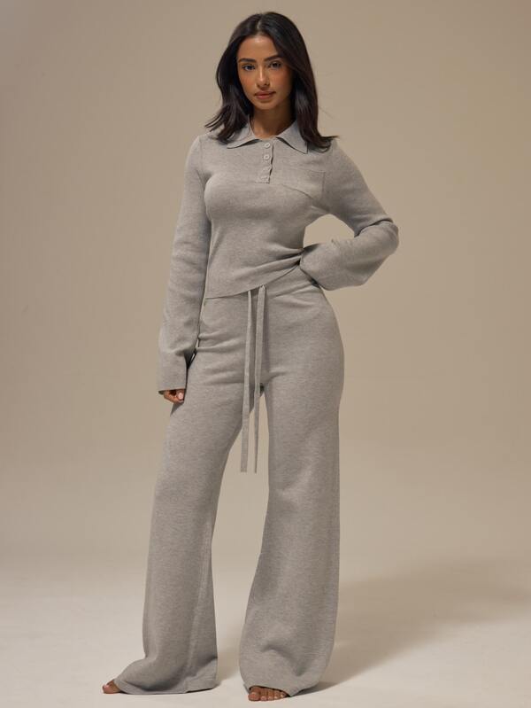 MUSERA ESSENTIALS Marl Grey Self-Tie Drawstring Ribbed Elastic Waistband Wide Leg Full Length Knitwear Trousers Basics Loungewear Casual Everyday Essentials Fall Autumn