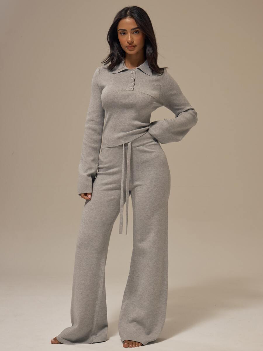MUSERA ESSENTIALS Marl Grey Self-Tie Drawstring Ribbed Elastic Waistband Wide Leg Full Length Knitwear Trousers Basics Loungewear Casual Everyday Essentials Fall Autumn - Light Grey - View 1