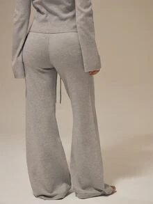 MUSERA ESSENTIALS Marl Grey Self-Tie Drawstring Ribbed Elastic Waistband Wide Leg Full Length Knitwear Trousers Basics Loungewear Casual Everyday Essentials Fall Autumn - Light Grey - View 4