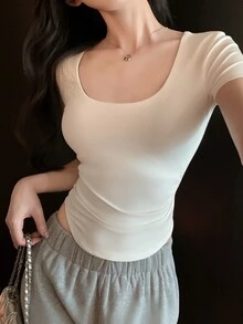 DAZY Women's Round Neck Casual Solid Color Fitted Short Sleeve T-Shirt,Simple & Fashionable Everyday Wear Summer - White - View 8