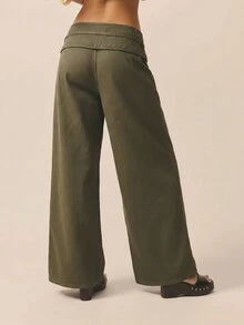 Aralina 女款海軍藍秋季休閒日常優雅時尚低腰寬腰帶鬆身修身牛仔褲，附腰部繫帶，適合西部鄉村音樂會 - 軍綠色 - 查看 2