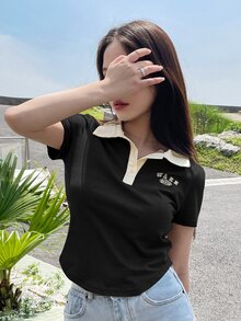 DAZY Letter Graphic Contrast Collar Tee Summer Preppy Tops Cute Tops - Black - View 3