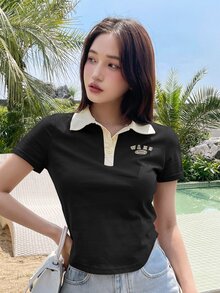 DAZY Letter Graphic Contrast Collar Tee Summer Preppy Tops Cute Tops - Black - View 4