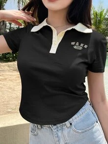 DAZY Letter Graphic Contrast Collar Tee Summer Preppy Tops Cute Tops - Black - View 2