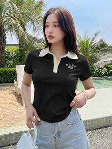 DAZY Letter Graphic Contrast Collar Tee Summer Preppy Tops Cute Tops - Black - View 6
