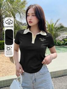 DAZY Letter Graphic Contrast Collar Tee Summer Preppy Tops Cute Tops - Black - View 5