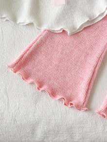 SHEIN 2件組幼女針織上衣＋喇叭褲，甜美優雅白色粉色蝴蝶結緞帶、荷葉邊喇叭袖高領休閒款，秋季假期時尚白色上衣 - 粉色 - 查看 6