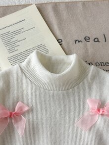 SHEIN 2件組幼女針織上衣＋喇叭褲，甜美優雅白色粉色蝴蝶結緞帶、荷葉邊喇叭袖高領休閒款，秋季假期時尚白色上衣 - 粉色 - 查看 5