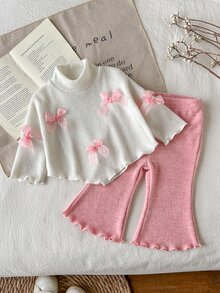 SHEIN 2件組幼女針織上衣＋喇叭褲，甜美優雅白色粉色蝴蝶結緞帶、荷葉邊喇叭袖高領休閒款，秋季假期時尚白色上衣 - 粉色 - 查看 4