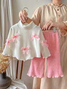 SHEIN 2件組幼女針織上衣＋喇叭褲，甜美優雅白色粉色蝴蝶結緞帶、荷葉邊喇叭袖高領休閒款，秋季假期時尚白色上衣 - 粉色 - 查看 3