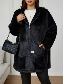 SHEIN Clasi Plus Size Women's Fleece Long Sleeve Zip-Up Hooded Winter Jacket - Black - View 5