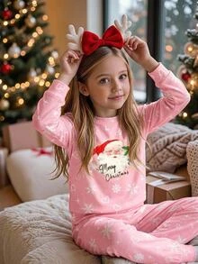 SHEIN Tween Girls Tween Girl Autumn/Winter Christmas Cute Fashion Versatile Party Long Sleeve Long Pants Set, Daily Snug Fit Home Wear - Multicolor - View 2
