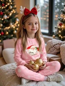 SHEIN Tween Girls Tween Girl Autumn/Winter Christmas Cute Fashion Versatile Party Long Sleeve Long Pants Set, Daily Snug Fit Home Wear - Multicolor - View 4