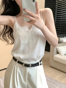 DAZY Women's Chiffon Lace Camisole, Unique Design, Off Shoulder Collar, Suit Lining, Loose Fit Casual Vest For Summer - Beige - View 6