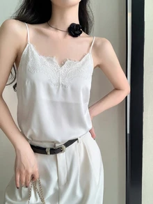 DAZY Women's Chiffon Lace Camisole, Unique Design, Off Shoulder Collar, Suit Lining, Loose Fit Casual Vest For Summer - Beige - View 2