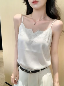 DAZY Women's Chiffon Lace Camisole, Unique Design, Off Shoulder Collar, Suit Lining, Loose Fit Casual Vest For Summer - Beige - View 3