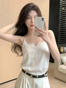 DAZY Women's Chiffon Lace Camisole, Unique Design, Off Shoulder Collar, Suit Lining, Loose Fit Casual Vest For Summer - Beige - View 4