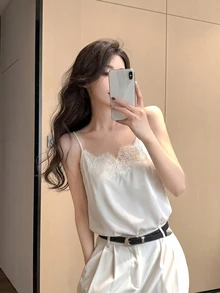 DAZY Women's Chiffon Lace Camisole, Unique Design, Off Shoulder Collar, Suit Lining, Loose Fit Casual Vest For Summer - Beige - View 1