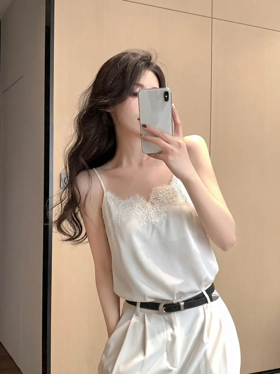 DAZY Women's Chiffon Lace Camisole, Unique Design, Off Shoulder Collar, Suit Lining, Loose Fit Casual Vest For Summer - Beige - View 1