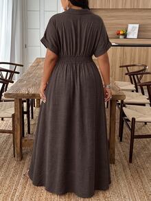 Weeklong Spring/Summer Women's Lapel Twist Knot Button A-Line Dress, Fashion Vacation Dress Elegant - Coffee Brown - View 2