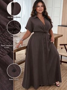 Weeklong Spring/Summer Women's Lapel Twist Knot Button A-Line Dress, Fashion Vacation Dress Elegant - Coffee Brown - View 1