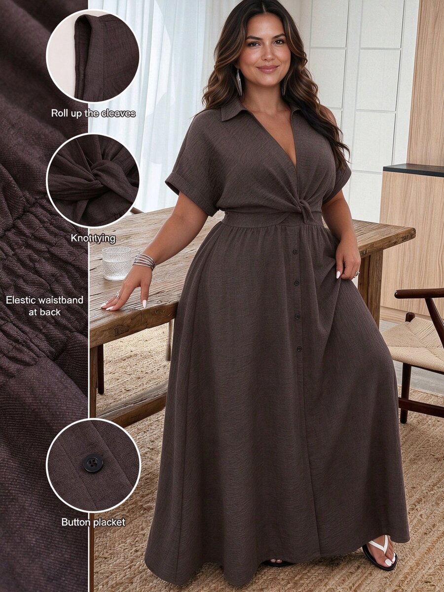 Weeklong Spring/Summer Women's Lapel Twist Knot Button A-Line Dress, Fashion Vacation Dress Elegant - Coffee Brown - View 1