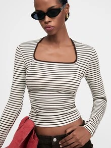 ATUI Studio Women's Lyocell-Wool Blend Tee With Brown Stripes & Contrast Trim Neckline | #FallFashion #Y2KStyle #Layering #CasualChic #OOTD - White - View 2